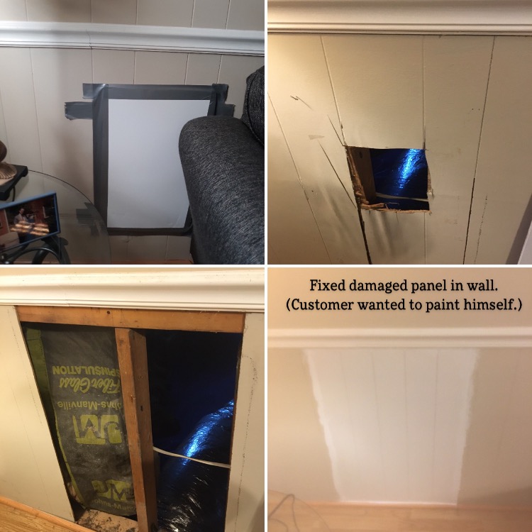 Hole in wall/panel was repaired and then customized the replacement panel board to mimick original. (Not painted due to customer needing to get the paint.)