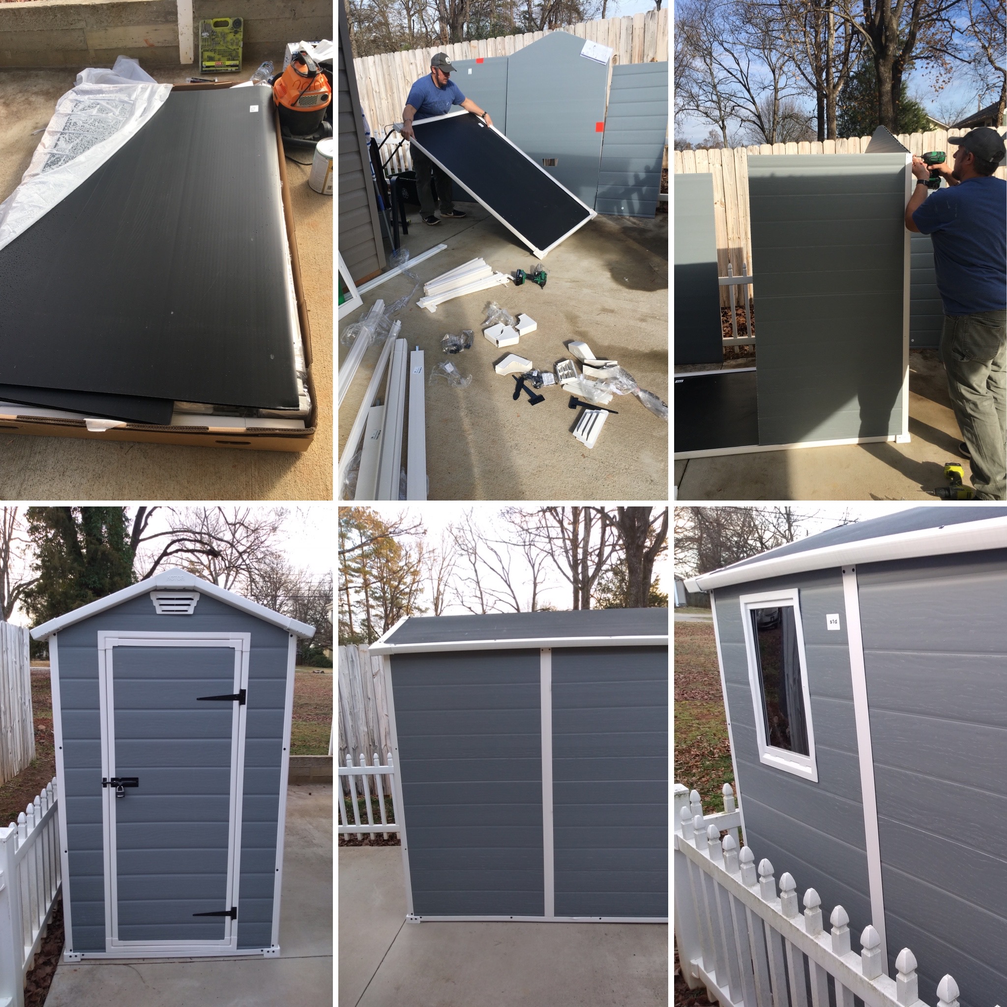 Assembly of an outside shed with side window and vents.