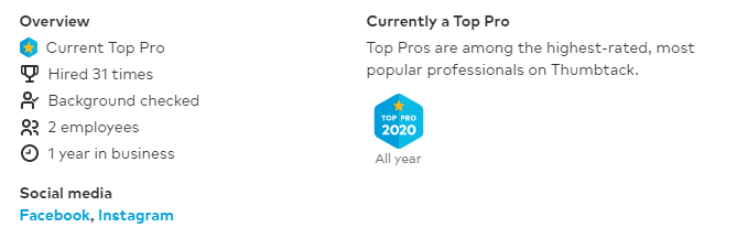 We have reached Top Pro Status through Thumbtack for 2020! 